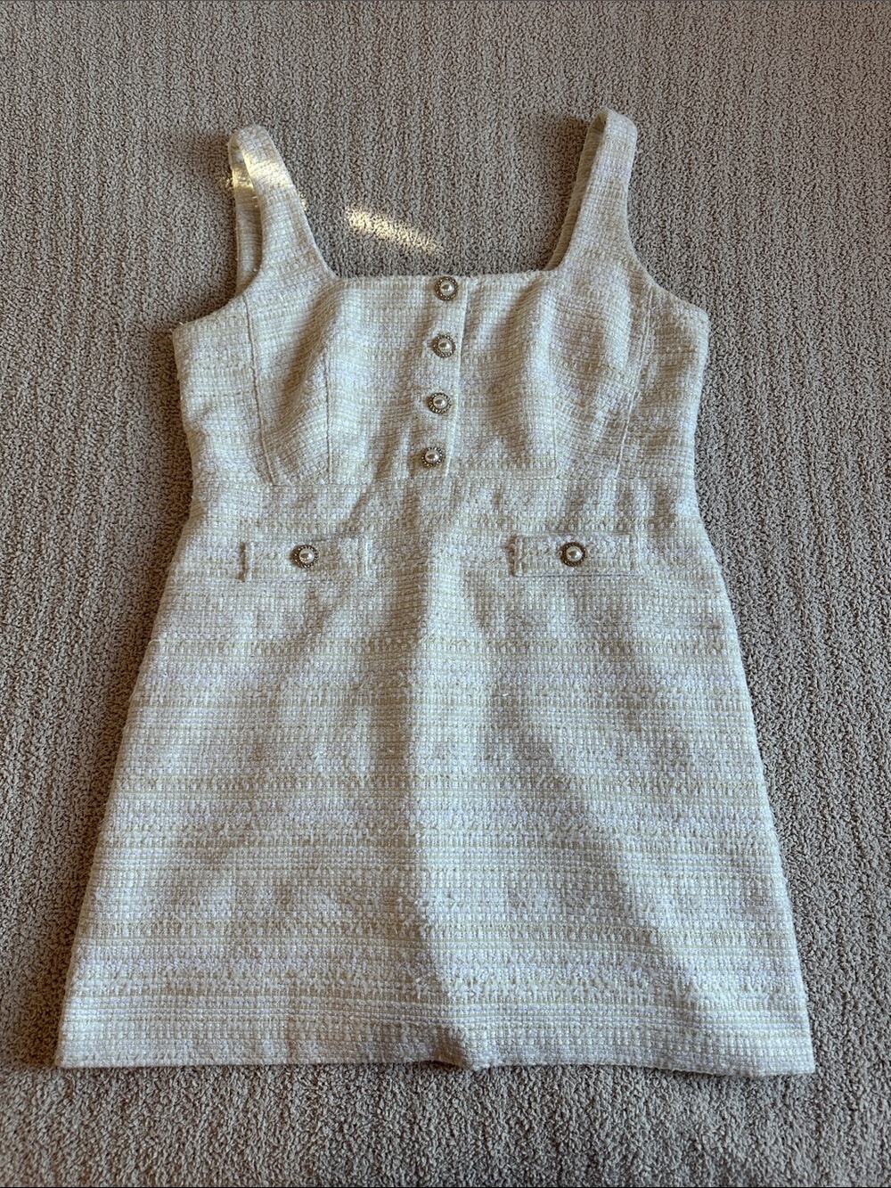 Karl Lagerfeld Paris Ivory Tweed Shift Dress Pearl Buttons Wool Size 16 - Picture 2 of 5